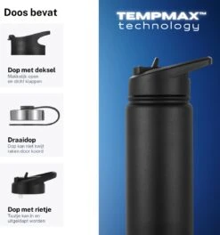 Thermo Master - Thermosfles & Drinkfles - Waterfles - 0,5 Liter - Midnight Black - 3 Doppen -Keukenbenodigdheden Winkel 1124x1200