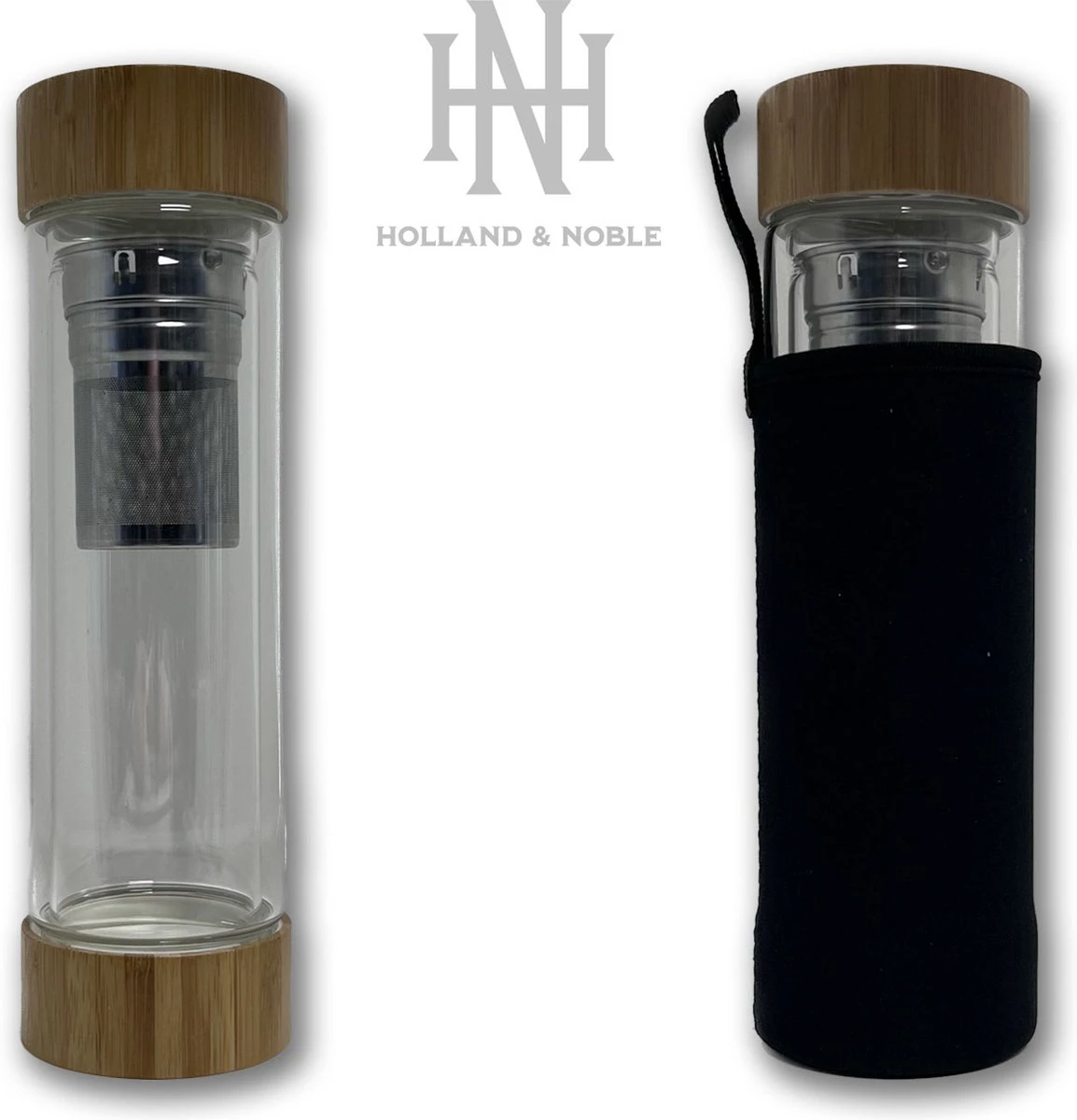 Holland & Noble - Thermo Theefles Met Zeef - 400 Ml Borosilicate Glas Dubbelwandig - Thee-infuser Met Bamboe Schroefdop Aan Beide Zijdes En Roestvrijstalen Zeef - Inclusief Neopreen Hoes 5 Holland & Noble - Thermo Theefles Met Zeef - 400 Ml Borosilicate Glas Dubbelwandig - Thee-infuser Met Bamboe Schroefdop Aan Beide Zijdes En Roestvrijstalen Zeef - Inclusief Neopreen Hoes - Afbeelding 5