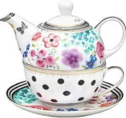 Melli Mello Luxe Theepot En Theemok 2-in-1 - Incl Schoteltje - Porselein - 600ml - High Tea Set - Tea For One - 14x15x15cm