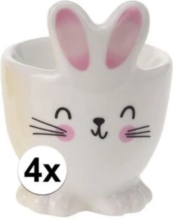 Merkloos 4x Witte Paashaas Eierdop 7 Cm - Eierdop Pasen - Paasontbijt