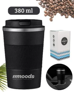 Mmoods Thermosbeker Voor Koffie En Thee 380ml - Koffiebeker To Go - Reisbeker Voor Auto - Herbruikbare Drinkfes Voor Warme En Koude Dranken - Ecologische Thermoskan Zwart Geschenk